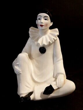 Vintage White and Black Porcelain Pierrot Clown Figurine - Decorative Home Art